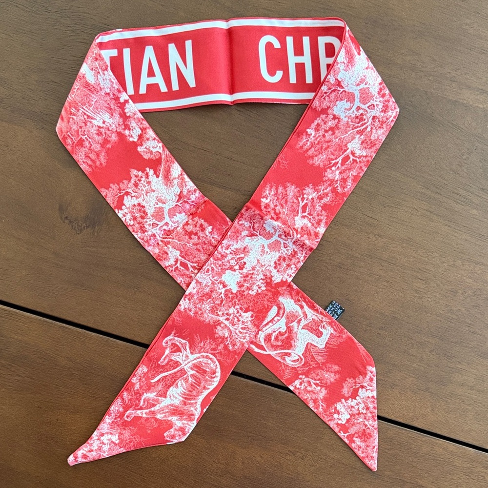 Designer Red and White Toile Silk Twilly Scarf